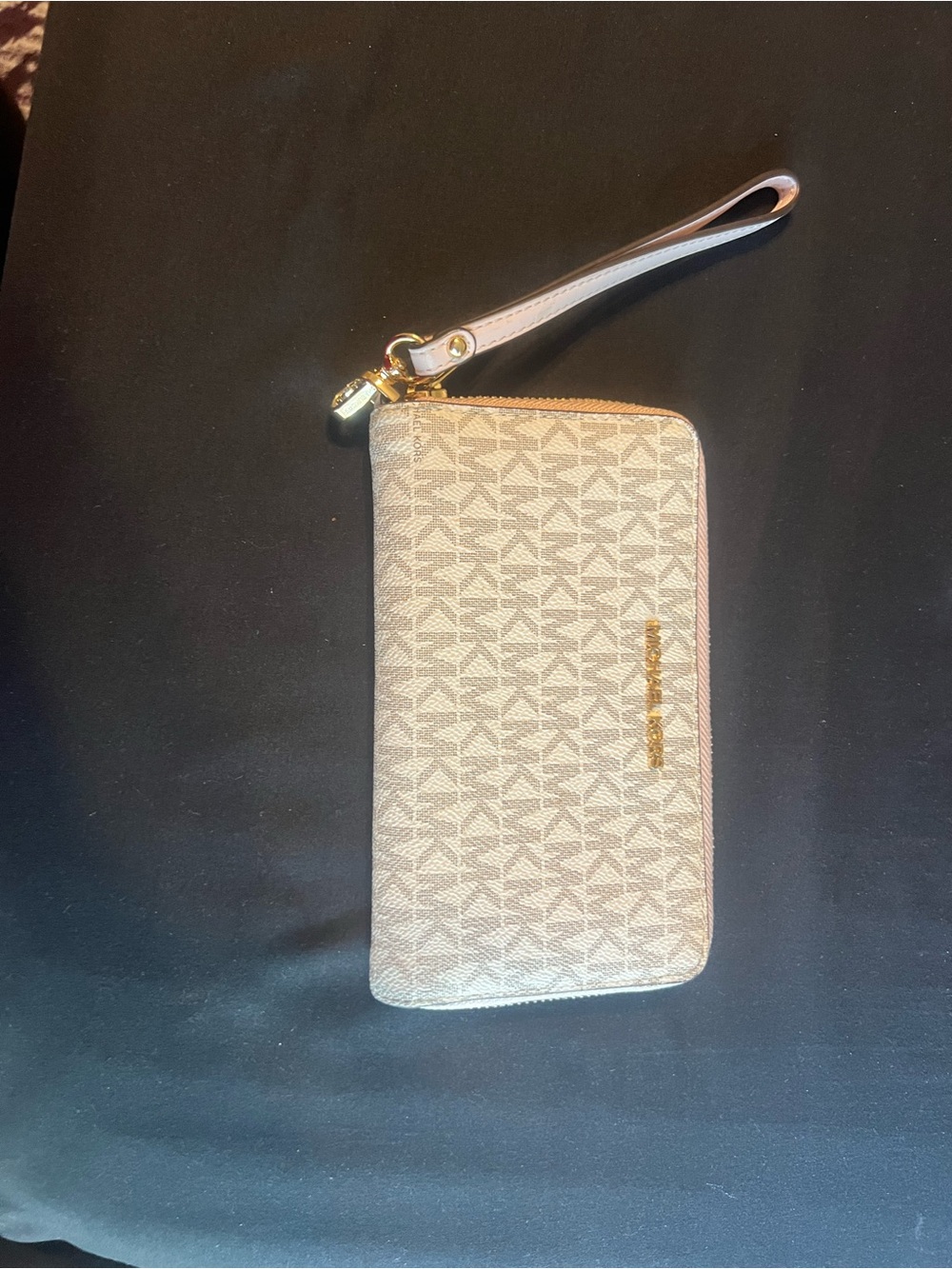 Michael Kors Beige Logo Zip Wristlet with Gold Hardware